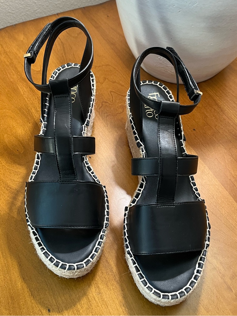 Franco Sarto Cassina Black Leather Espadrille Sandals • Size 10 • EUC